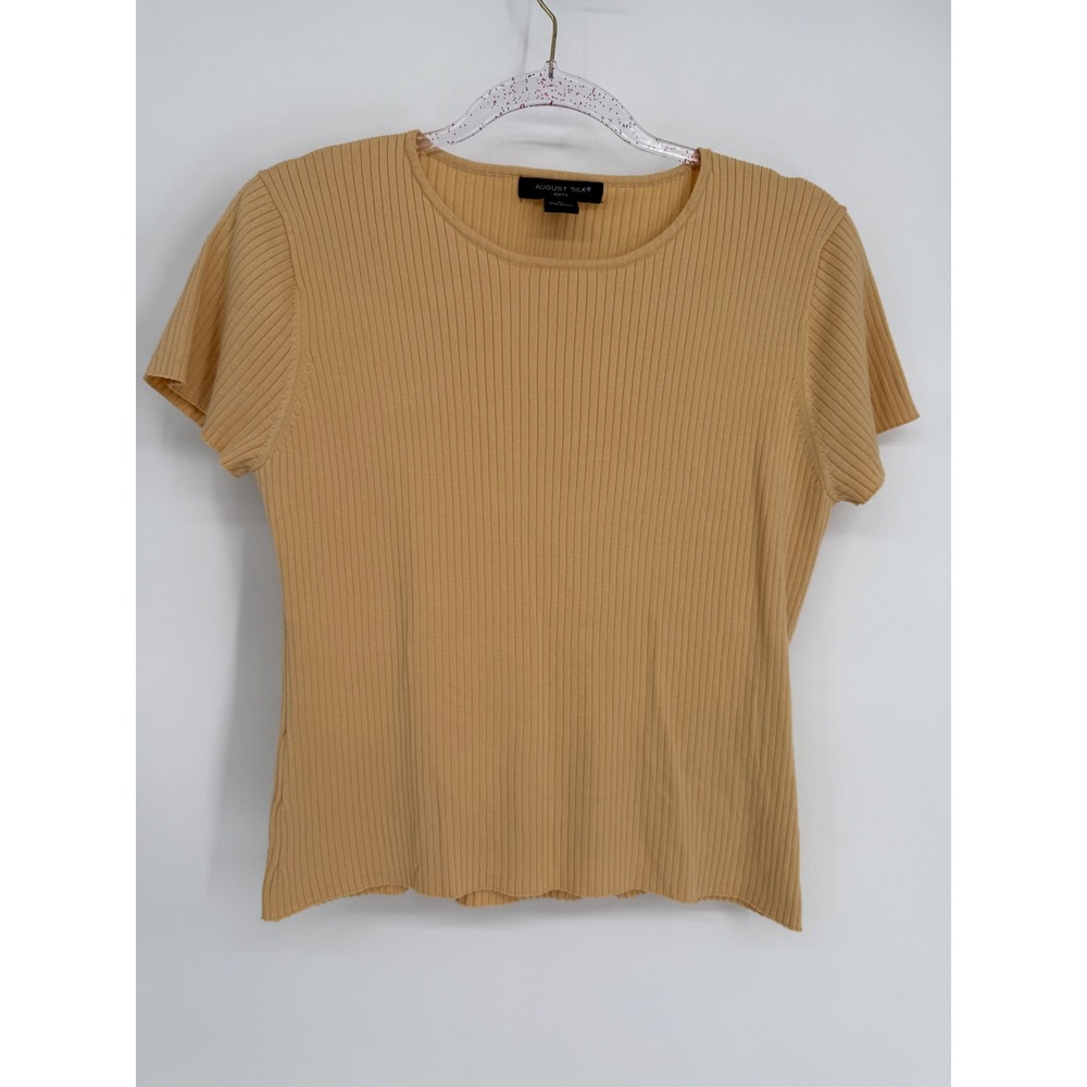 August Silk Knits Mustard Ribbed Short Sleeve Silk Blend Sweater Top Sz XL
